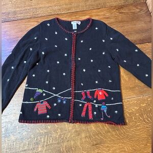 Vintage 90s Christmas zip sweater embroidered appliqué sz large navy‎